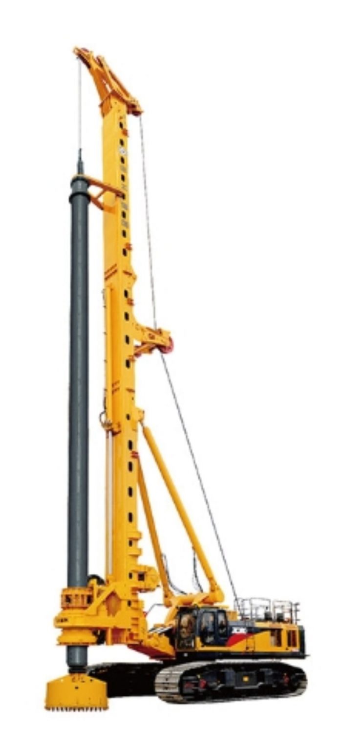 XCMG XR550D rotary drilling rig in yellow finish on crawler tracks